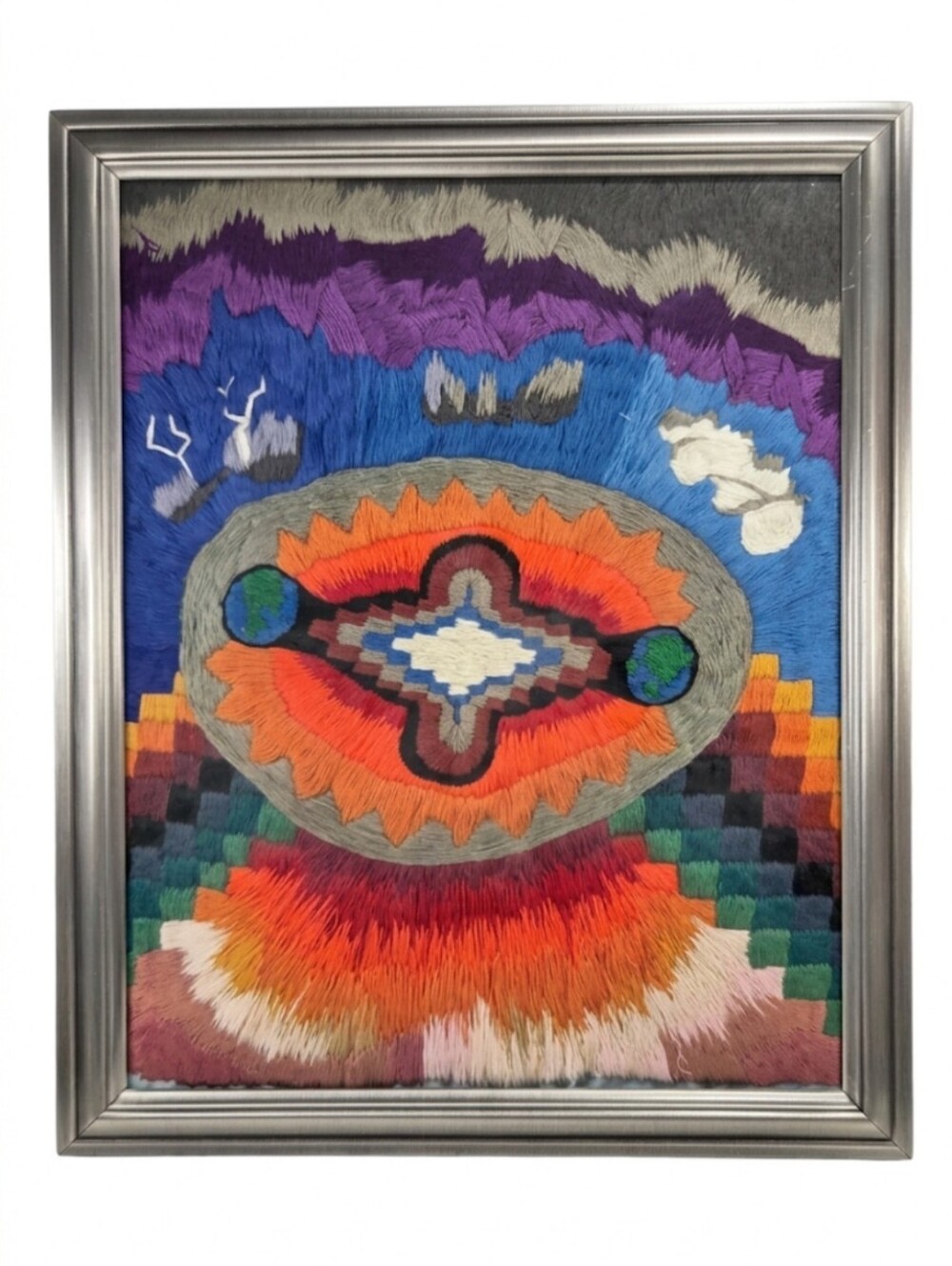 Vintage 70s Handmade Psychedelic Folk Art Embroidered Tapestry 13 x 16"
